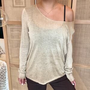 tempo paris yello gold knit long sleeve semi sheer sweater with silver trim